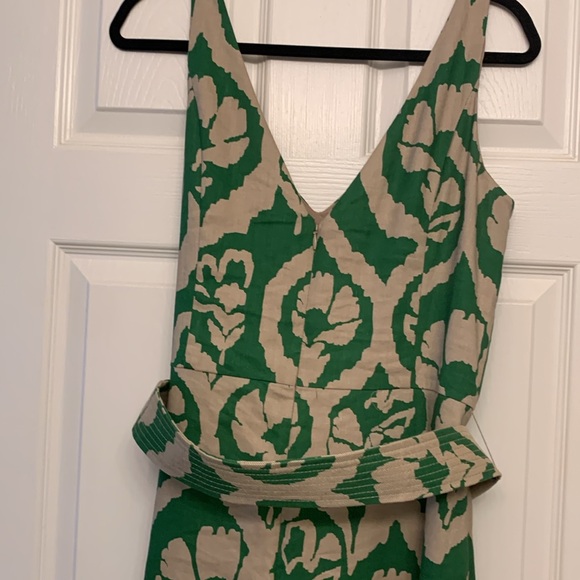 Green and Tan Linen Blend Belted Midi Dress - Picture 9 of 12